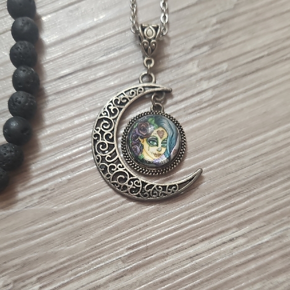 Moon, Purple Agate, & Black Obsidian Pendant Necklace Set + Lava Bracelet - Picture 3 of 6